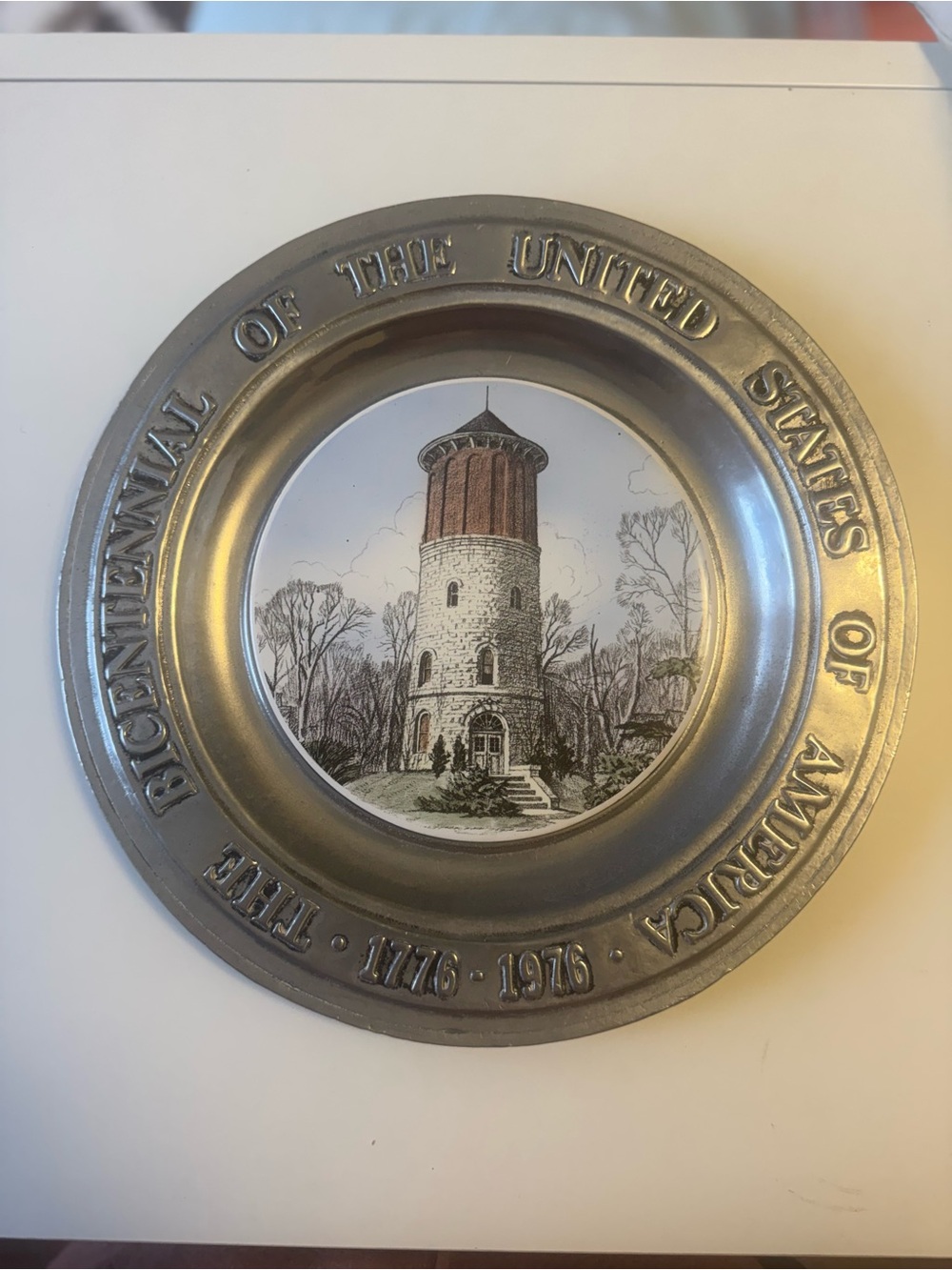 Bicentennial Commemorative Pewter Plate - 1776-1976 - Tower Illustration